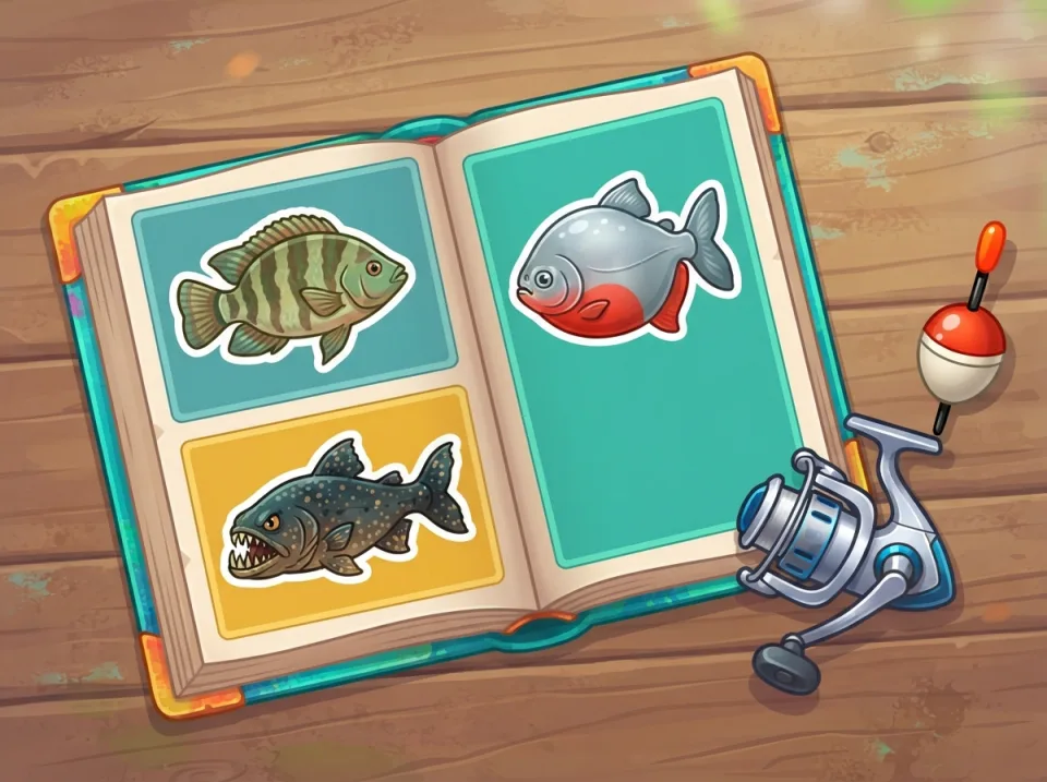 Ilustração em estilo de jogo: álbum de pescador aberto com cartas coloridas de tilápia, traíra e pacu, ao lado de uma carretilha