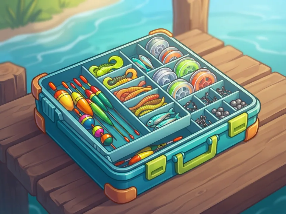 Ilustração em estilo de jogo: caixa de tralha aberta com boias de várias cores, iscas e um carretel de linha