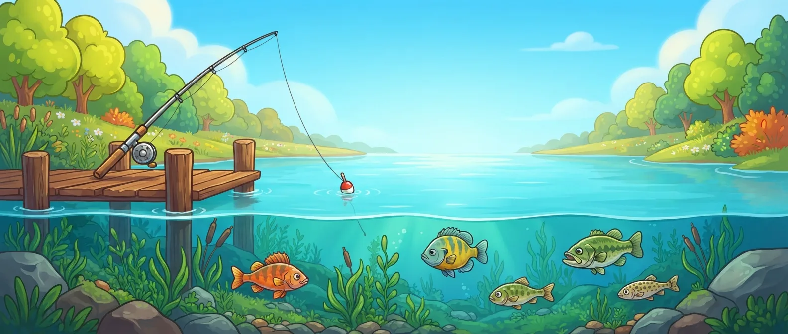 Ilustração em estilo de jogo: lago visto de lado, com um píer de madeira, uma vara de pesca, uma boia vermelha e branca na superfície e peixes debaixo d'água